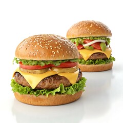 Two cheeseburgers with lettuce, tomato and cheese on a white background close up