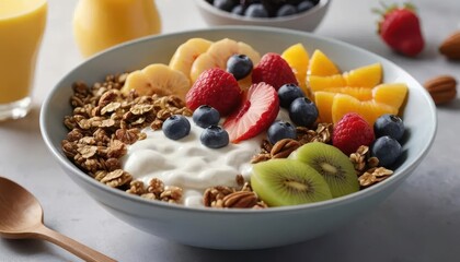 Fresh Fruit Yogurt Bowl with Granola and Nuts for Healthy Breakfast