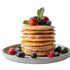 Stack of pancakes topped with berries and mint on a speckled plate view