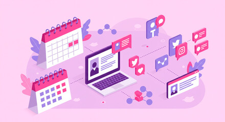 Isometric Illustration: Social Media Marketing Strategy with Calendar, Laptop, and Communication Icons