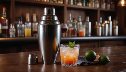 Elegant Cocktail Setup with Shaker and Fresh Ingredients on Bar