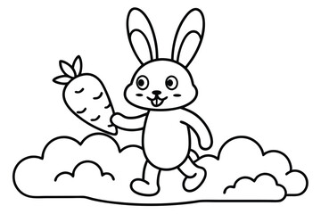 Obraz premium Outlined Rabbit Walking on Clouds Holding Carrot Cute Cartoon