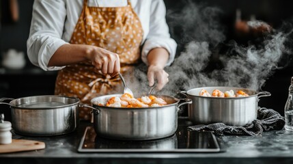 Professional culinary expert preparing delectable shrimps in a commercial kitchen