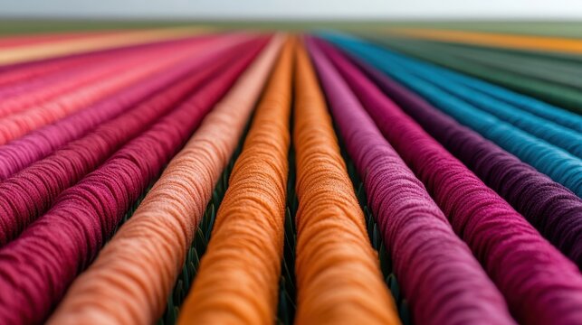 An array of colorful threads arranged in neat rows, showcasing a harmonious blend of hues that inspires creativity and artistic expression in textile work.
