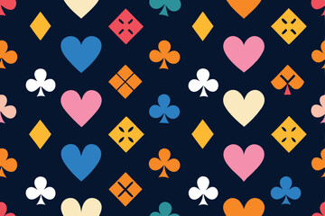 Playful Colorful Seamless Pattern of Heart Club Diamond and Spade on Dark Navy Background