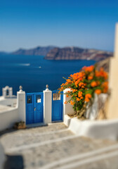 Obraz premium Blue gate with vibrant flowers and sea view on Greek island