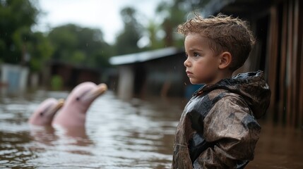 A child in a brown raincoat stands in floodwaters, observing dolphins playfully emerging around them, showcasing a blend of curiosity and awe in a surreal environment.