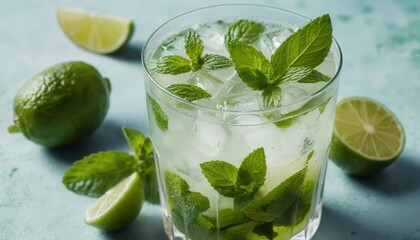 Refreshing Mint Mojito with Lime and Ice in a Glass