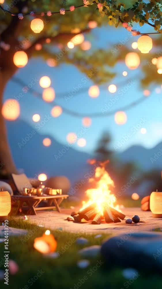 Poster vertical video background with glowing lanterns and cozy campfire under tree creates warm inviting o