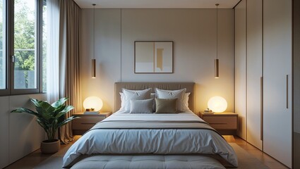Soft lighting and simple clean surfaces make this bedroom inviting