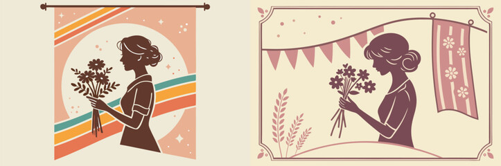 Vintage-style banner with mother’s silhouette holding flowers

