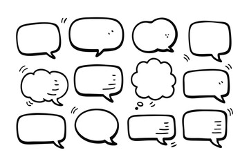 Seamless Pattern of HandDrawn Speech Bubbles on a White Background, Black Outlines