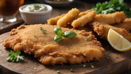 Crispy Fried Fish Fillet with Fresh Herbs and Lemon Slice on Board