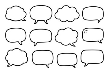 Fototapeta premium Set of Twelve Hand Drawn Speech Bubbles with Black Outlines on White Background