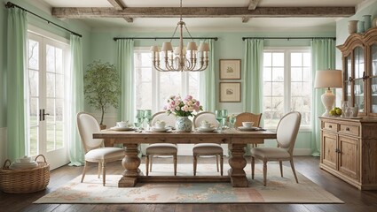 Soft pastels and rustic woods celebrate the dining room in spring