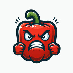 A cartoon depiction of a red bell pepper with an angry expression, fists clenched, suitable for mascot use.
