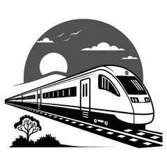 Modern train glides through scenic landscape at sunrise