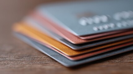 close-up shot of stack of credit cards scattered on minimalist wooden desk showcasing colorful array of cards with