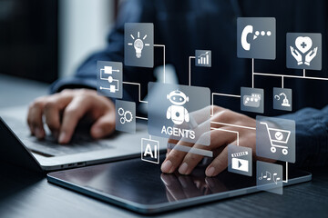 AI Agents Business people use computers that interact with AI to help with tasks such as analysis,...