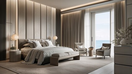 Fototapeta premium Soft textures and sharp lines define this tranquil bedroom