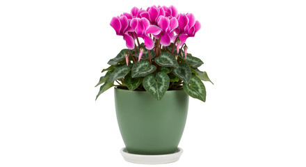 Obraz premium Pink cyclamen houseplant in green pot