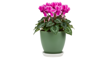 Pink cyclamen houseplant in green pot