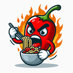 A cartoon chili pepper with an angry expression is eating noodles from a bowl, surrounded by flames.