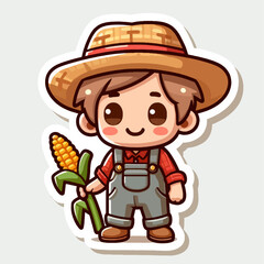 A stylized, cartoon farmer boy holds a corn cob, depicted in a cheerful manner.