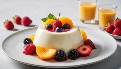 Delightful Panna Cotta with Berries and Fruits on Elegant Plate