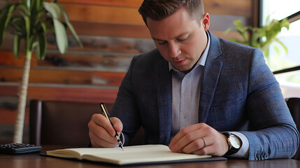 Sales rep writing down prospecting goals in a stylish planner (2)