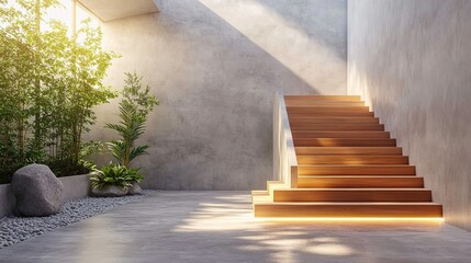 Illuminated Wooden Staircase in Modern Interior with Natural Light 