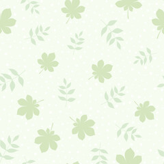 Green leaves silhouettes on a pastel green background. Chestnut and ash tree leaves. Seamless pattern. Vector background for paper, cover, textile, decor.