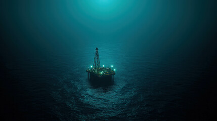 Obraz premium Offshore Oil Rig Illuminated by Lights in Dark Ocean Waters at Night