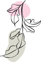 Abstract Line Art Botanical Branch with Pink and Green Shapes