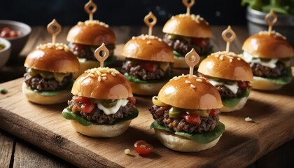 Delicious Mini Burgers on Wood Board with Fresh Ingredients and Toppings