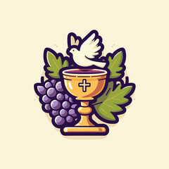 A stylized religious emblem depicting a chalice, dove, and grapes, representing the Eucharist.
