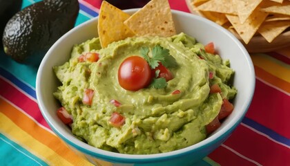 Creamy Guacamole Dip with Fresh Tomatoes and Tortilla Chips