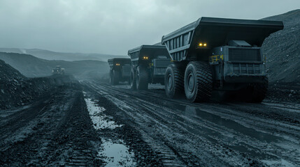 Obraz premium Heavy Haulage Trucks Operating in Muddy Quarry Under Overcast Sky with Industrial Landscape