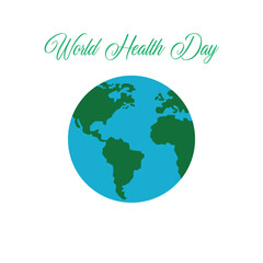 Flat illustration of the Earth with “World Health Day” text above it. A clean and simple design symbolizing global awareness and wellness promotion.