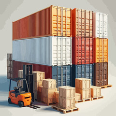 A forklift situated among stacked shipping containers and cargo boxes, showcasing the process of loading and unloading goods.