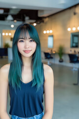Obraz premium Young woman with long teal hair and bangs smiling confidently in a modern, well-lit salon, wearing a navy top and denim jeans