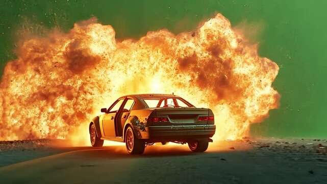 Fiery Explosion: A sleek, sporty car bursts into flames against a backdrop of a vibrant, eye-catching explosion, captured in stunning detail.
