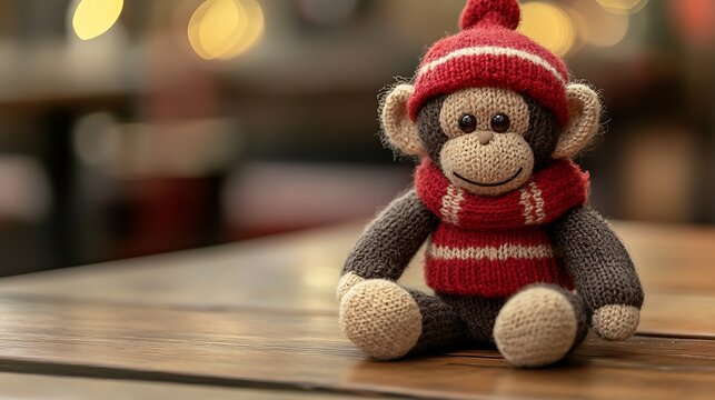 Cheerful sock monkey in a striped red and white scarf and hat, sitting on rustic wooden table. Handmade toys and nostalgic celebrations. Sock Monkey Day with text space
