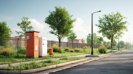 Obraz premium Community fridge concept. Quiet street scene with trees and a telephone booth under a clear sky.