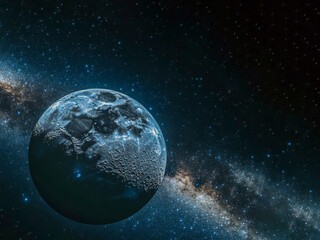 Obraz premium A dark planet floats amidst the sparkling expanse of the Milky Way galaxy, showcasing a breathtaking view of the vast universe. Stars twinkle around the celestial giant, inviting wonder