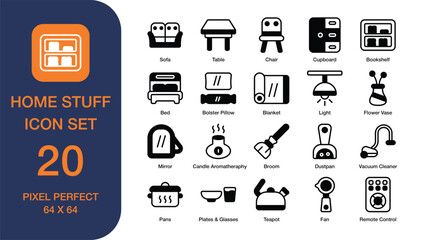 set featuring twenty icons of home stuff. Ideal for web design, interior decor, household product packaging, and social media.