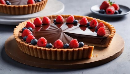 Delicious chocolate tart with fresh berries on a gray table