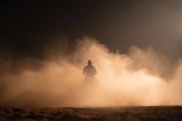 lone rodeo rider kicks up dust in circular arena with ample copy space surrounding scene