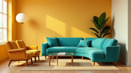 Mid-century modern living room design with teal curved sofa and mustard yellow armchairs, illuminated by a floor lamp and complemented by indoor greenery.