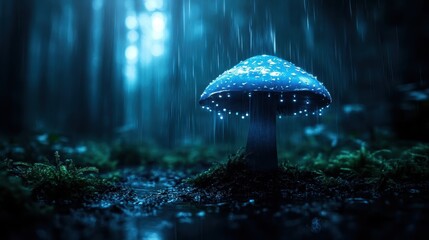 A stunning blue mushroom is depicted in a serene forest drenched in rain, radiating light, inviting viewers into a realm of wonder and imagination.